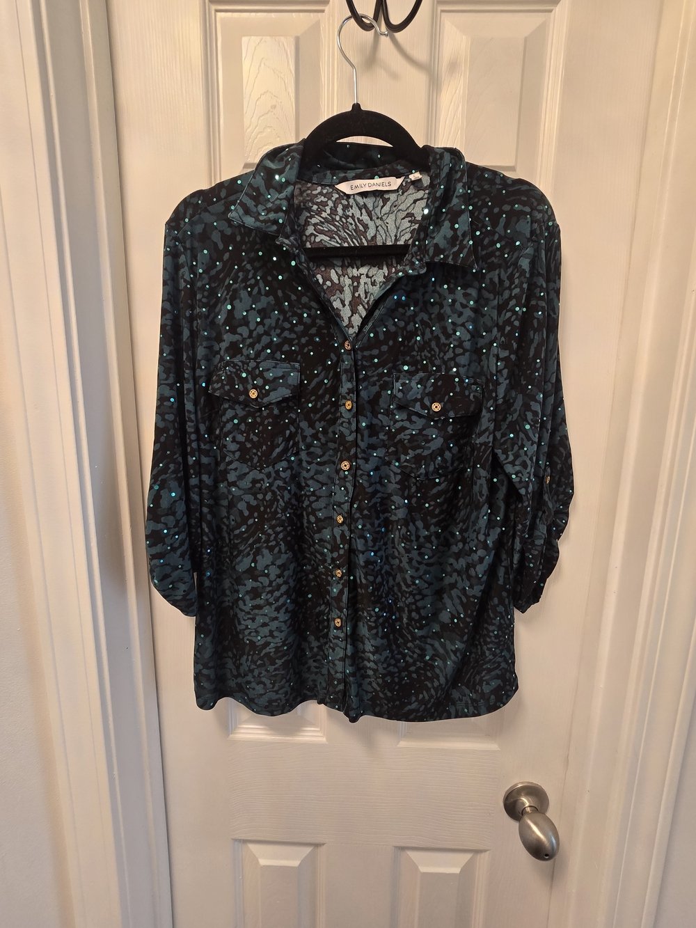 Green and Black Printed Button-Down Sparkle Top